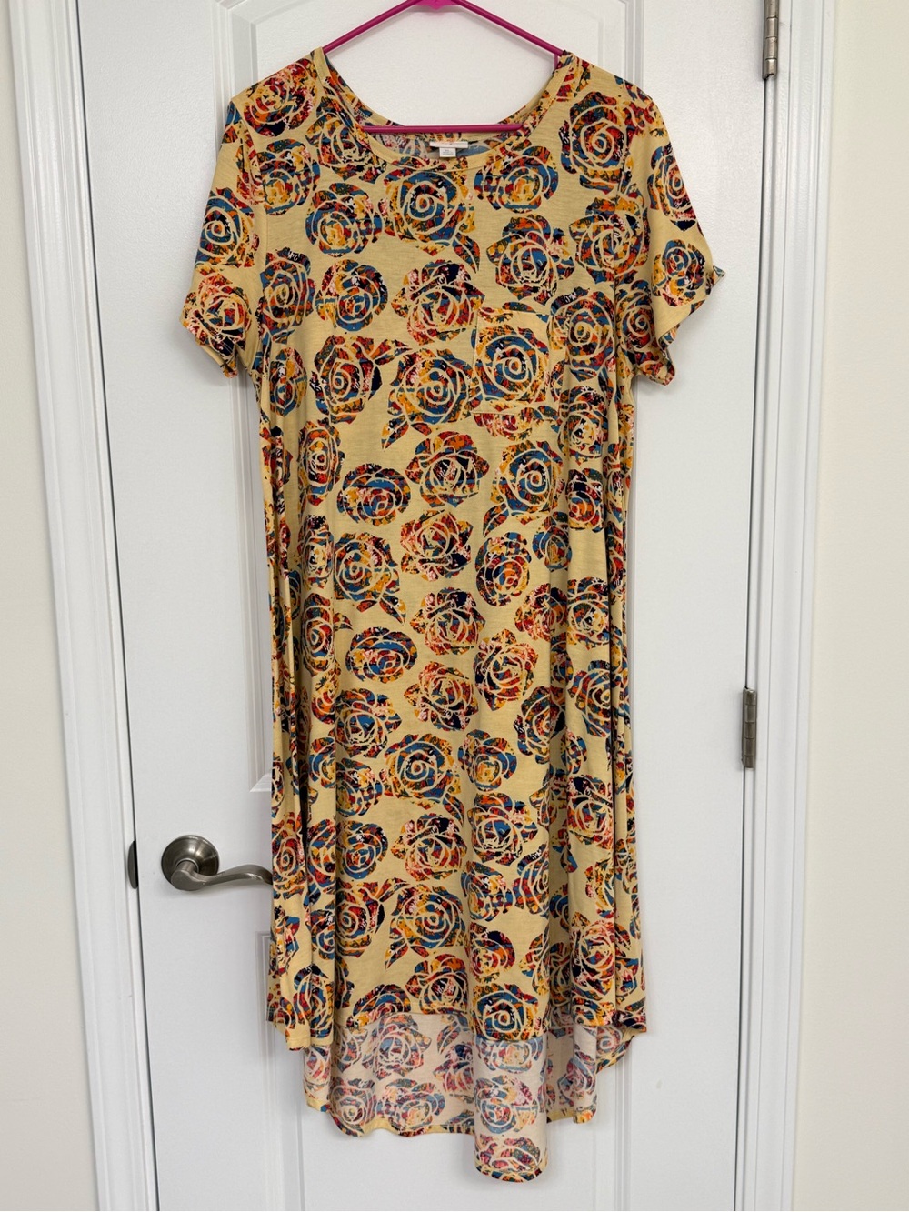 LuLaRoe Carly Floral Print Short Sleeve Shirt Dress Yellow Colorful Large Midi